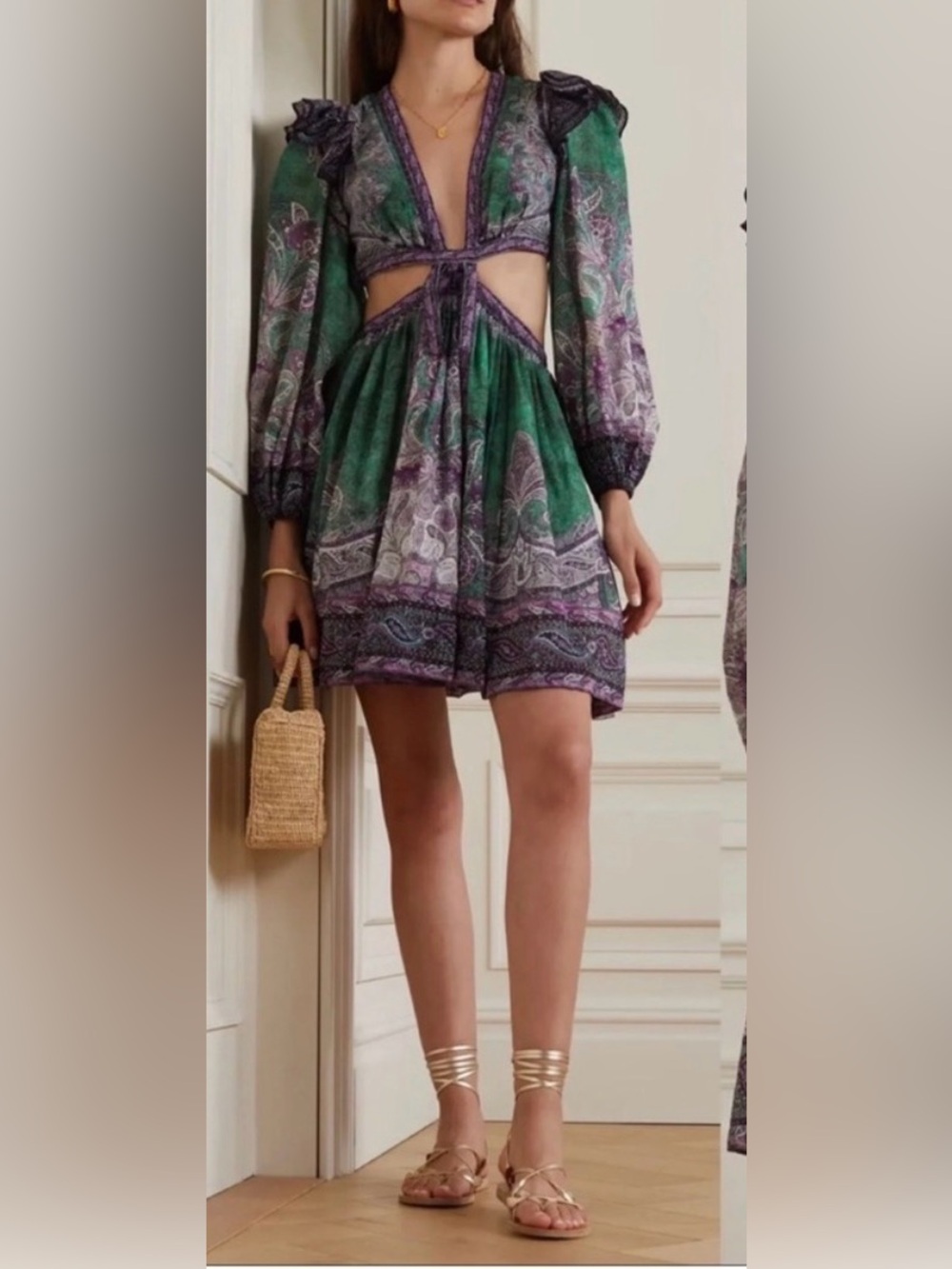 Zimmermann Green Paisley Mini Dress with Purple Accents